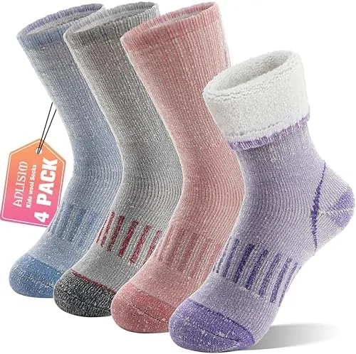 anlisim wool socks thermal winter warm thick merino wool hiking socks for kids teens 4 pairs8 12 years assorted